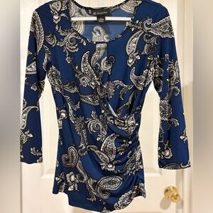 NWOT INC Blue Paisley Faux-Wrap Long Sleeve Top medium